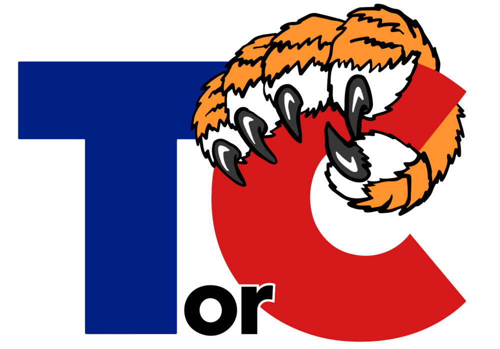 T or C with a tiger paw clutch the "T."
