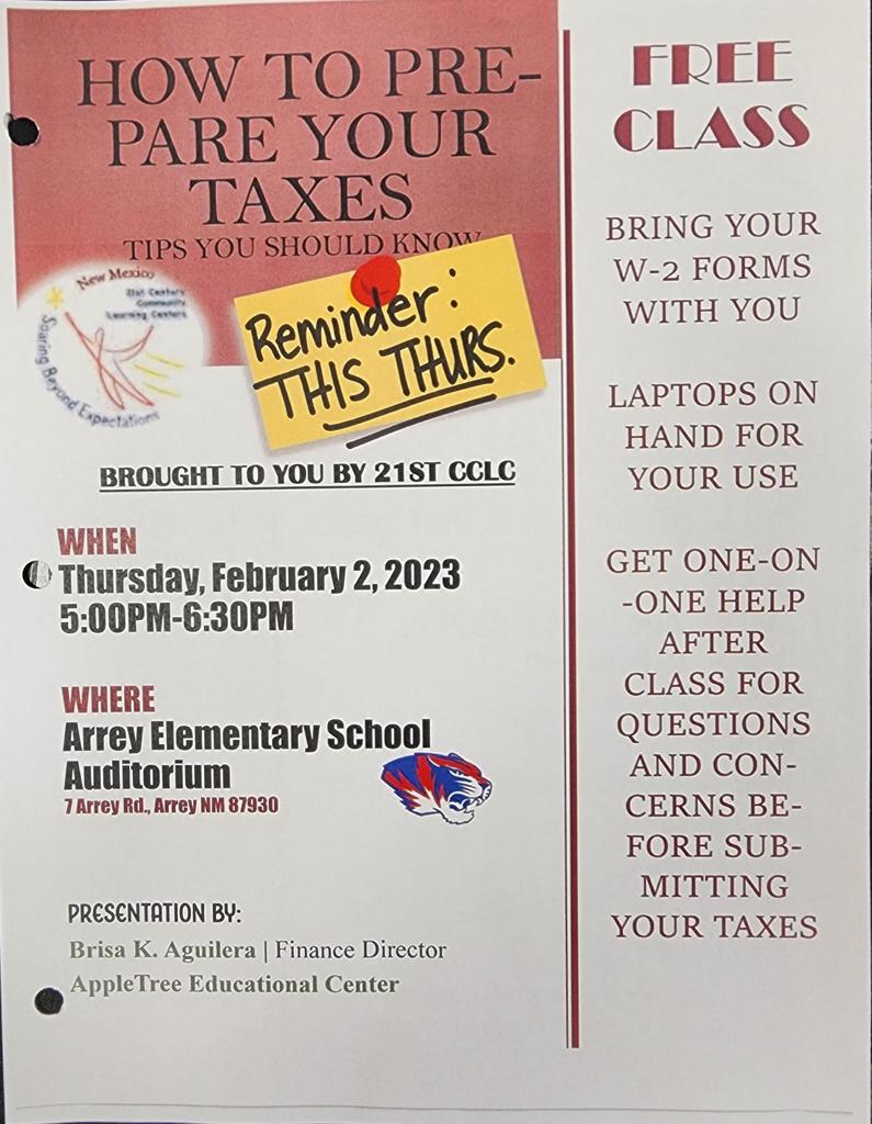 Reminder FREE Tax prep class