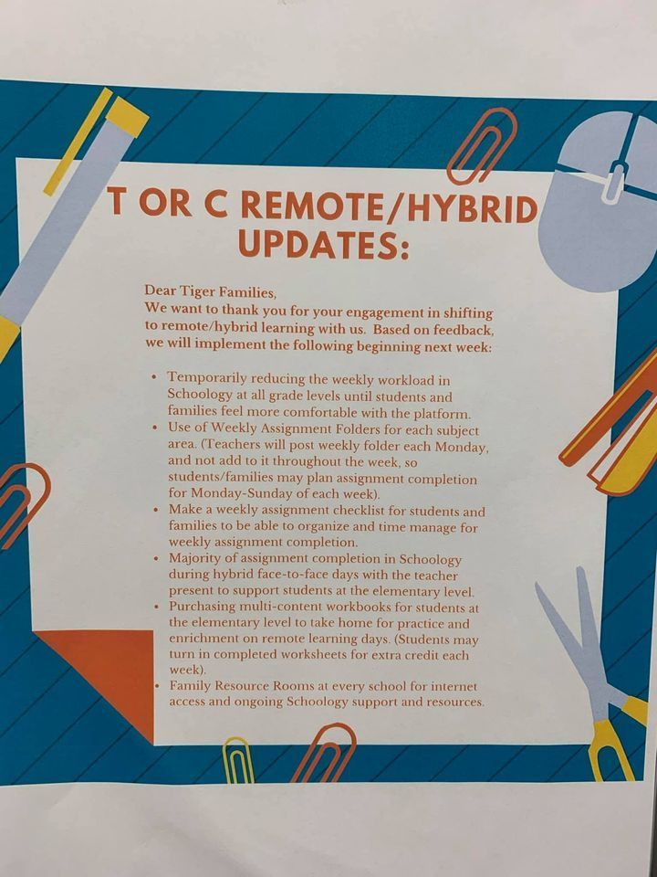 A list of temporary changes to help in the transition to remote/hybrid learning, including checklists and majority of assignments to be completed during face-to-face time with teachers.